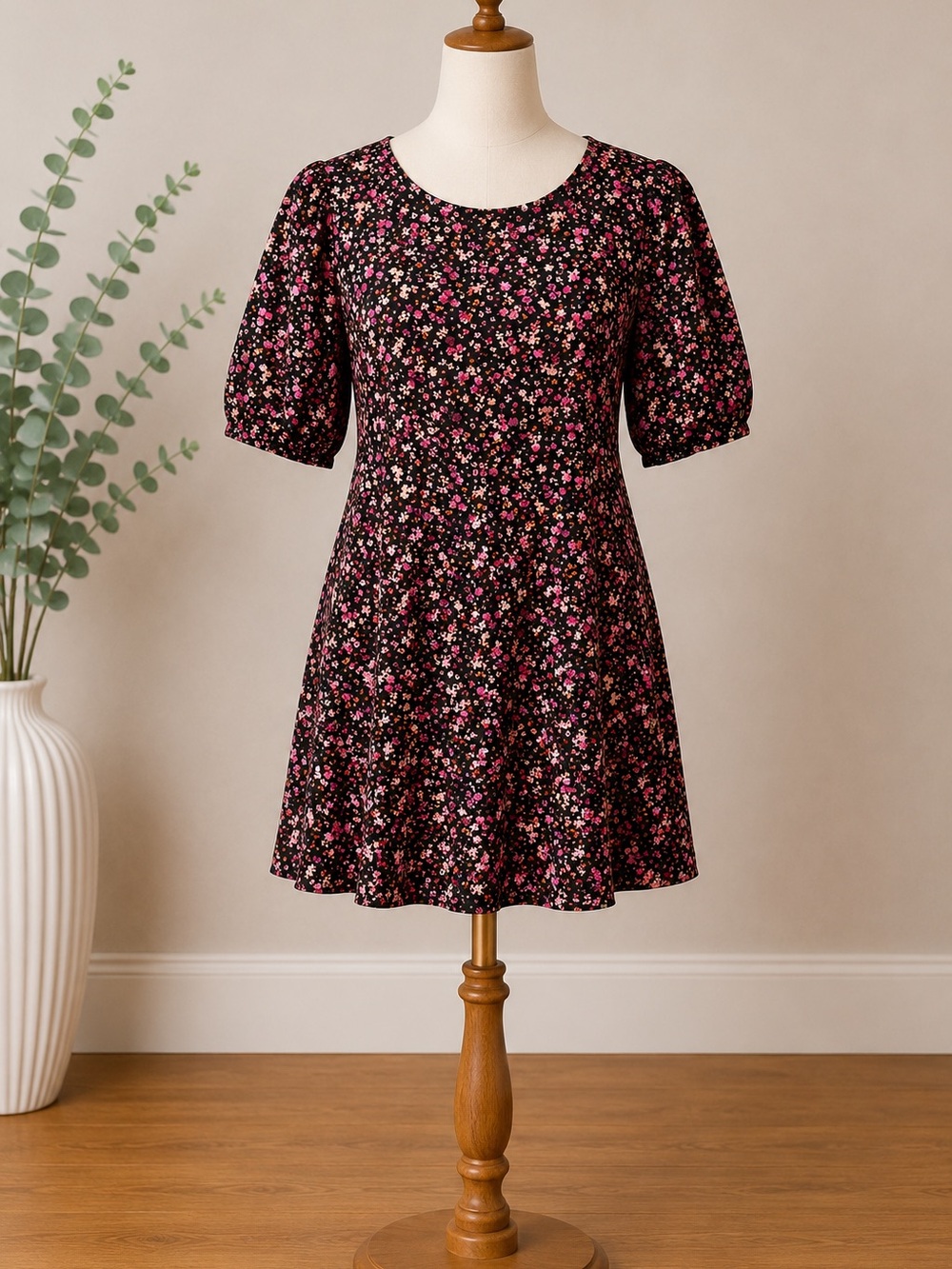 Old Navy Black Mini Dress with Pink & Cream Floral Pattern